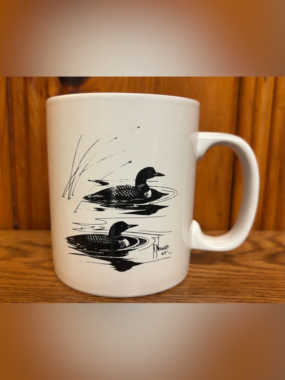 Vintage Staffordshire white Ceramic Cup Loon Art by R. Negaard